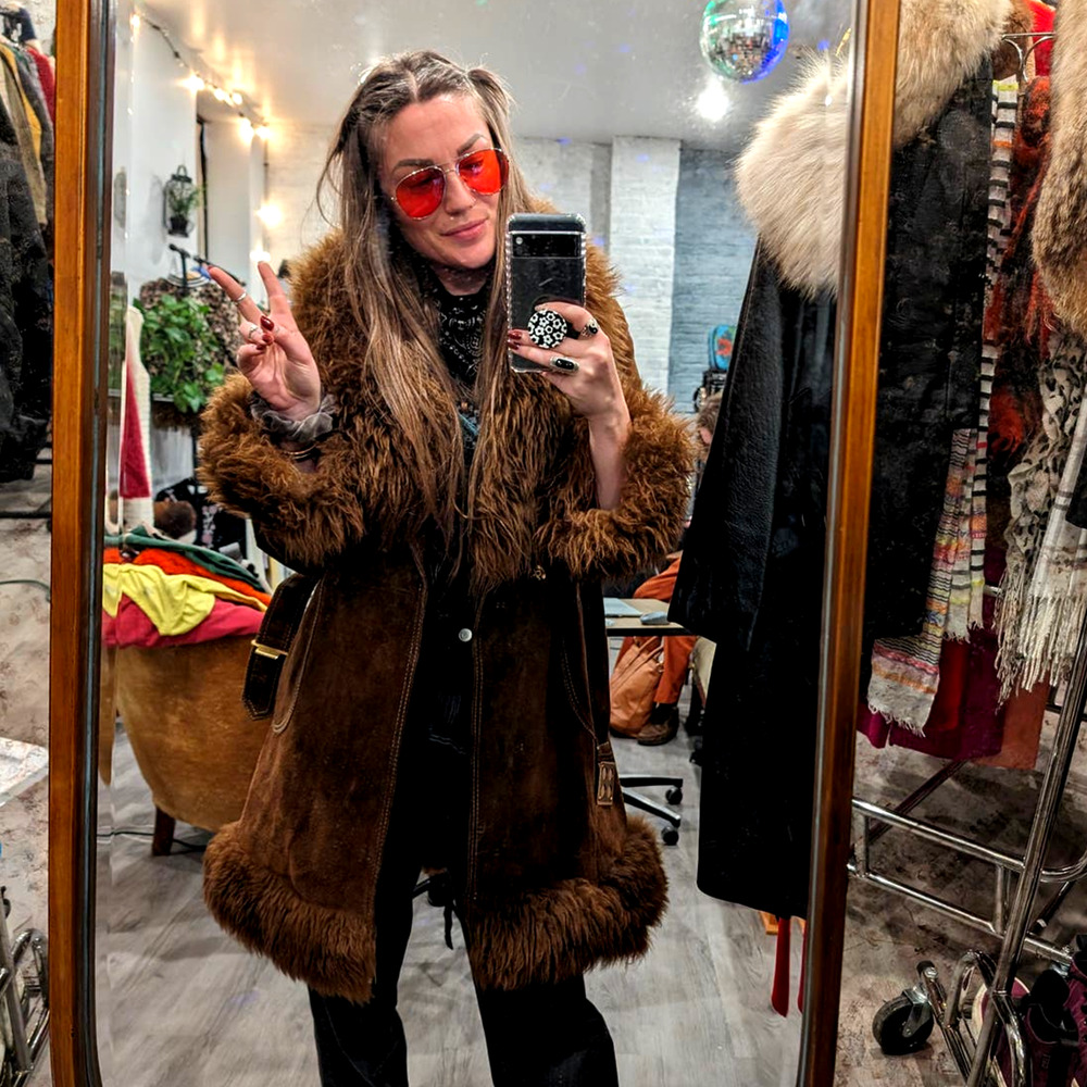 70s Vintage Brown Suede Penny Lane Afghan Coat Fur Furry Groovy Boho Chic Jacket - Picture 2 of 9